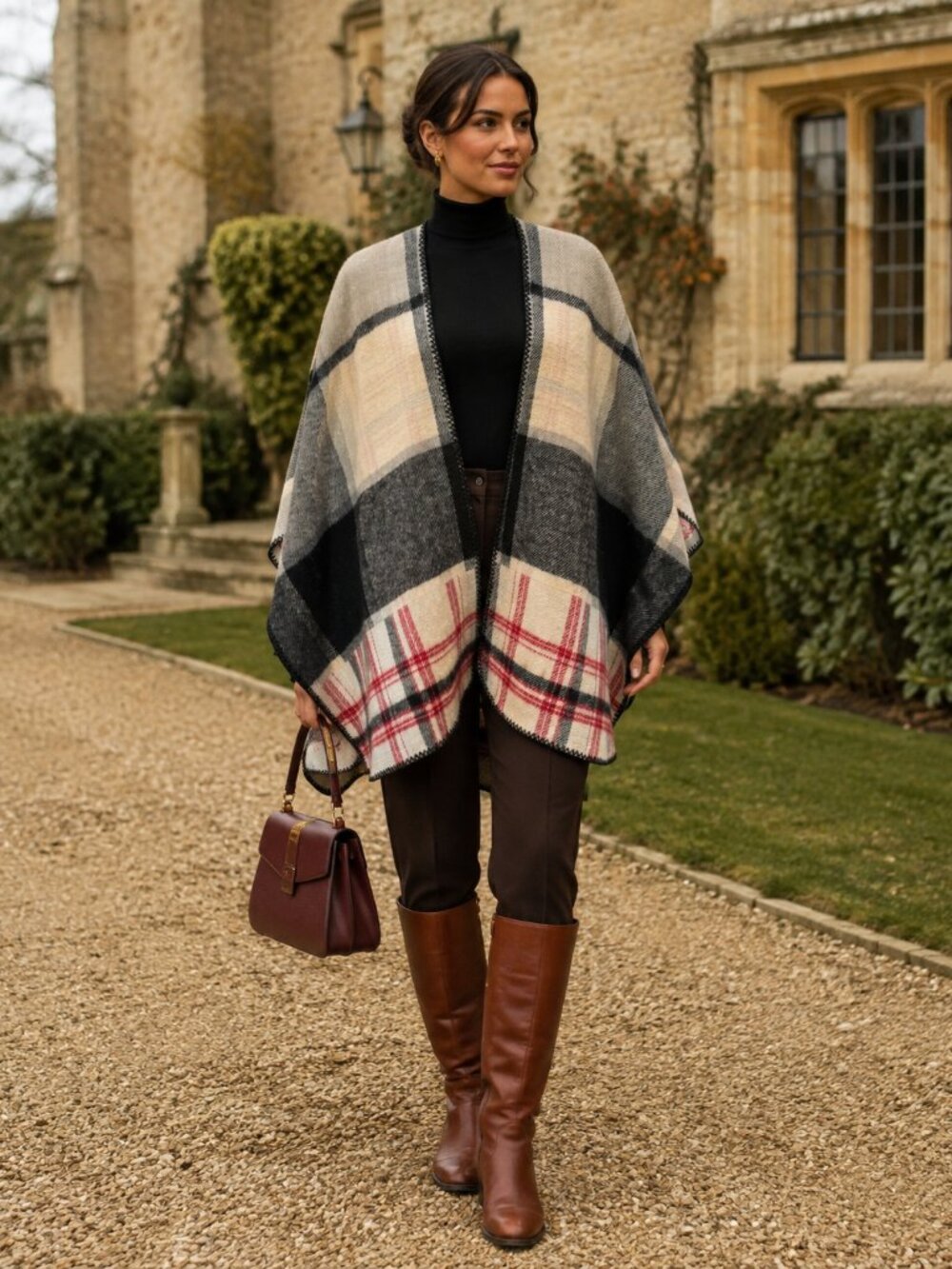 Heritage Plaid Blanket Cape Poncho Ruana Cream Black Red One Size